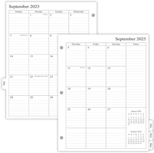 newestor 2025-2026 Monthly Planner Refill for 3 Ring Binder, Sep 2025 - Dec 2026, Two Pages Per Month, 8-1/2" x 11", Monarch/Folio Size 5