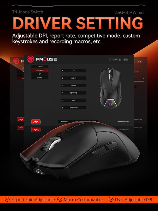 Wireless Gaming Mouse, PAW3311 Sensor, 12,000 DPI, 1,000Hz, Tri Mode (2.4G/Bluetooth/Wired), Ergonomic, USB C Rechargeable, 6 Programmable Buttons, Side Keys Mice for PC/Laptop/Mac (Black)
