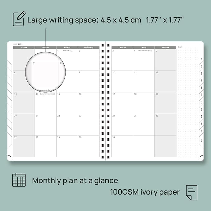 POPRUN Planner 2025-2026 Weekly Planner Notebook (Large 8.5''x 10.5'') Academic Calendar (JUL.25 - JUN.26) Appointment Book with Monthly Tabs, Spiral Soft Cover, Inner Pocket, 100 GSM - Petrol