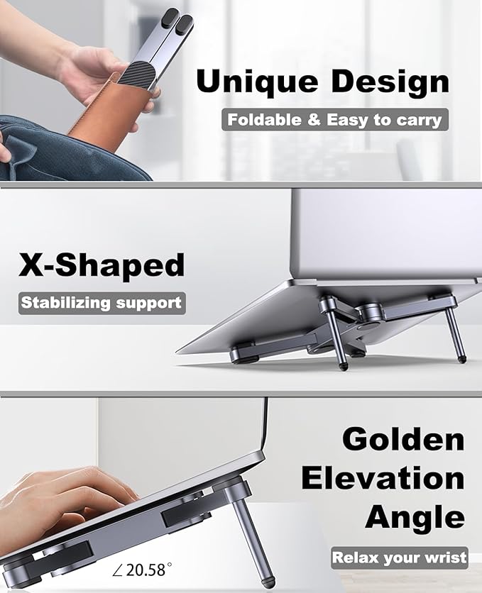 New Concept Laptop Stand - Adjustable Ergonomic Aluminum Riser for MacBook Pro/Air up to 15.6” - Foldable & Portable Computer Stand for Desk, Students, Office, Travel, Gaming - Gray