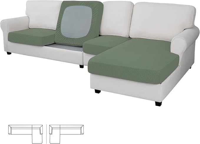 Easy-Going Stretch 4 Pieces Couch Cushion Covers for Sectional Sofa Left/Right L Shape Chaise Lounge Sofa Seat slipcover Anti-Slip Sofa Cover Soft (3 Seater + 1 Chaise, Greyish Green)