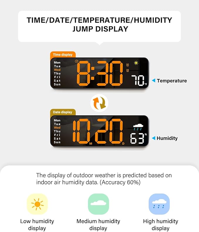 Digital Wall Clock, Digital Clock Large Display with Remote Control, Corded LED Alarm Clocks with Date, Week, Temp, Humidity, Auto DST, Countdown, for Living Room Bedroom Classroom Office (Orange)