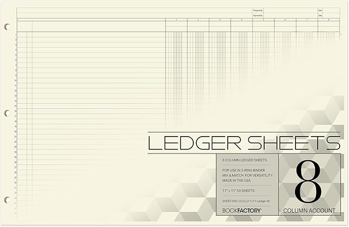 BookFactory Ledger Sheets/Large 8 Column Accounting Ledger Columnar (Eight Columns) Loose Leaf Paper - 17'' x 11'', 50 Pages, Loose Leaf, 3 Hole Punched (SHEET-050-CLCLL(17x11-Ledger-8)-AX)