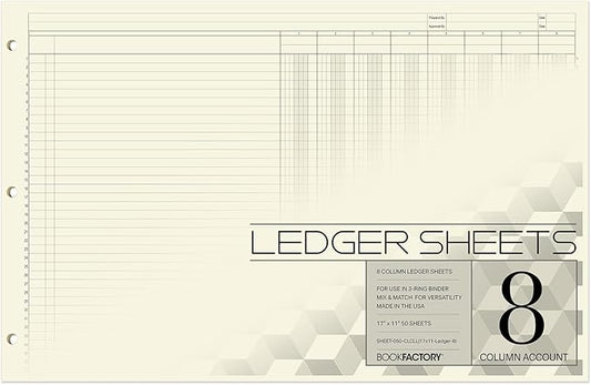 BookFactory Ledger Sheets/Large 8 Column Accounting Ledger Columnar (Eight Columns) Loose Leaf Paper - 17'' x 11'', 50 Pages, Loose Leaf, 3 Hole Punched (SHEET-050-CLCLL(17x11-Ledger-8)-AX)