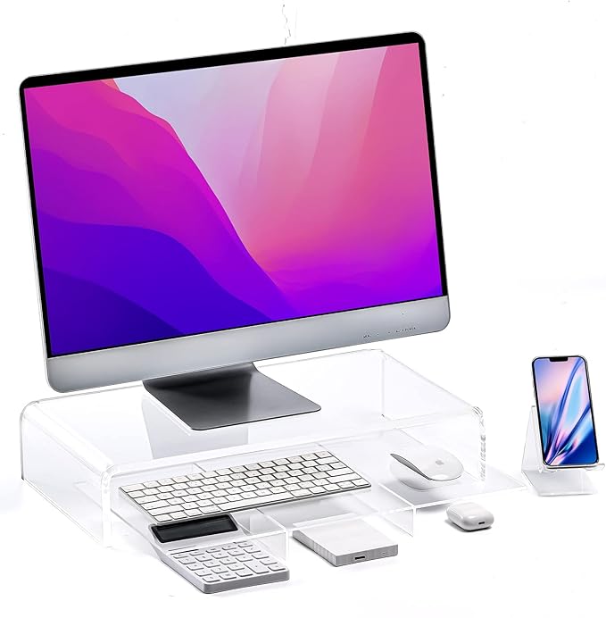 Acrylic Monitor Stand - 20" L x 10" W x 4" H Clear Riser With Removable Storage Compartment for Laptop, TV Screen, Printer - Includes Free Cell Phone Stand