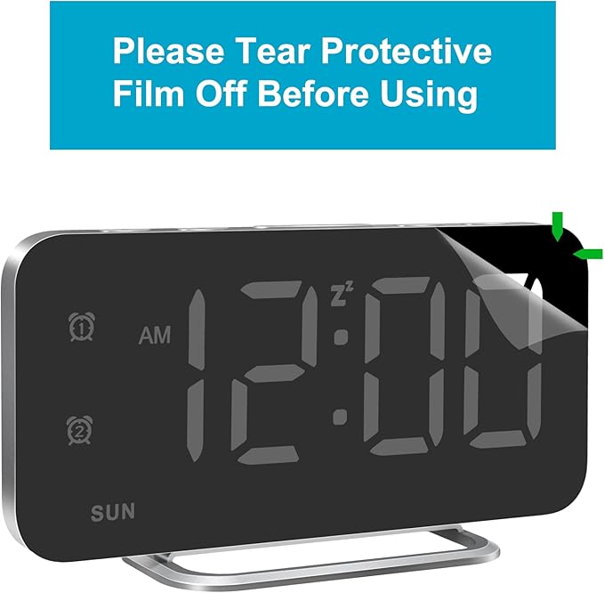 Slim LED Digital Alarm Clock, Mirror Surface for Makeup, with Diming, Large Display, Easy Setting, USB Ports, Modern Decor for Bedroom, Desk, Xmas, Birthday Gift for Women, Sister, Teen Girl, Silver