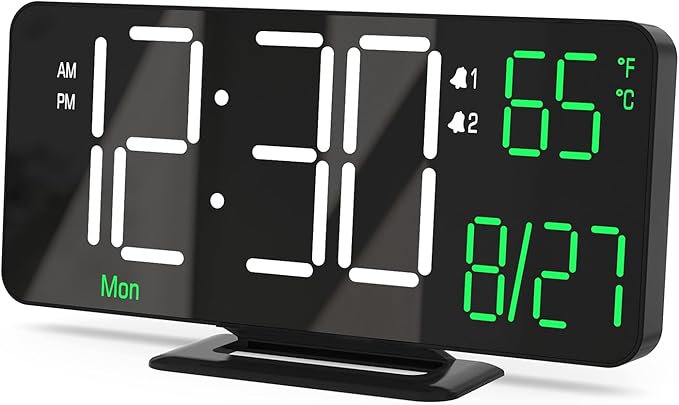 KOSUMOSU Digital Clock for Bedroom, 6.7in Black Alarm Clocks for Bedrooms,Auto Dimming, Date, Day of Week, Indoor Temperature,Digital Alarm Clock,Clocks for Living Room