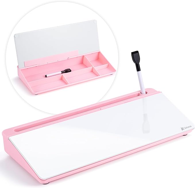 Varhomax Glass Desk Whiteboard with Storage, Desktop Organizer to-do List Memo Notepad Dry Erase White Board for Home Office and School Supplies (Pink)