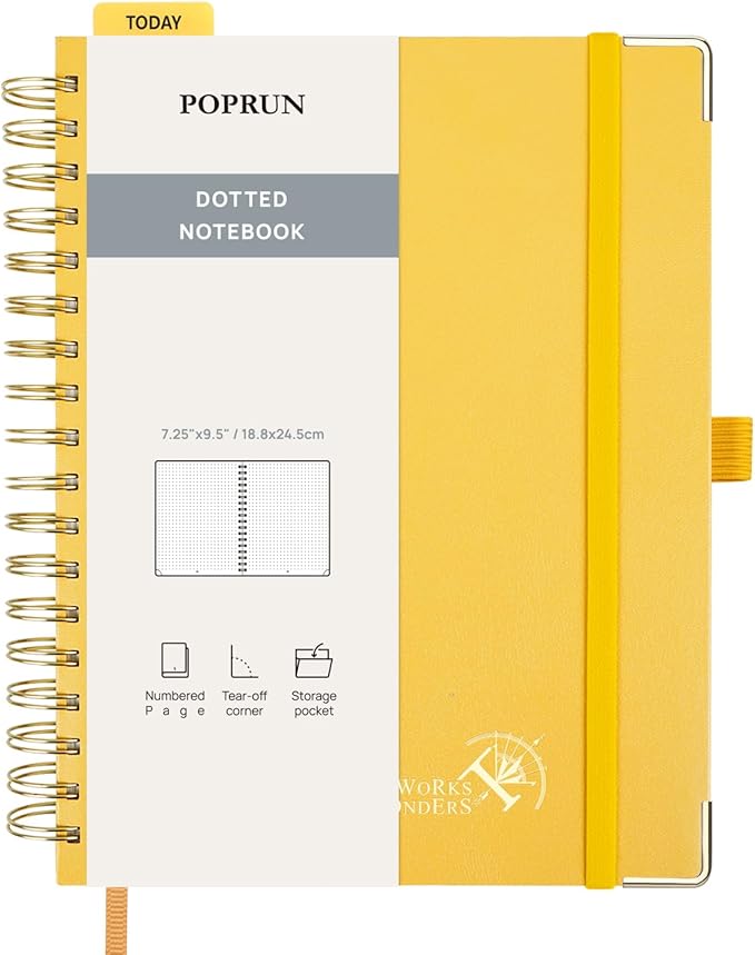 POPRUN Spiral Dotted Journal Notebook, 7-1/4" x 9-1/2" - 120 GSM Thick Paper, 220 Numbered Pages, Hardcover for Men & Women with Pocket, Index Tabs, 8 Perforated Sheets, Light Yellow