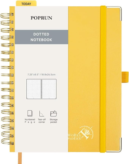 POPRUN Spiral Dotted Journal Notebook, 7-1/4" x 9-1/2" - 120 GSM Thick Paper, 220 Numbered Pages, Hardcover for Men & Women with Pocket, Index Tabs, 8 Perforated Sheets, Light Yellow