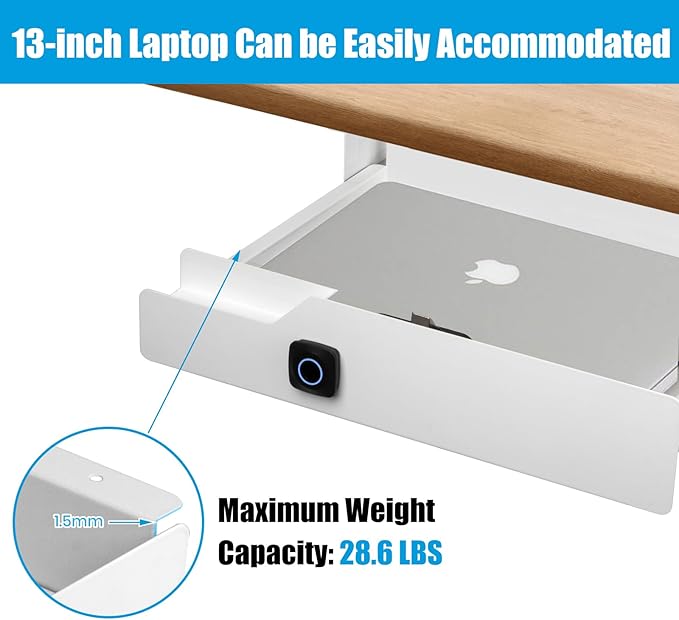 Under Desk Drawer with Lock, 16 inch Under Desk Storage Drawer, Under Desk Mounted Pull Out Drawer with Biometric Lock