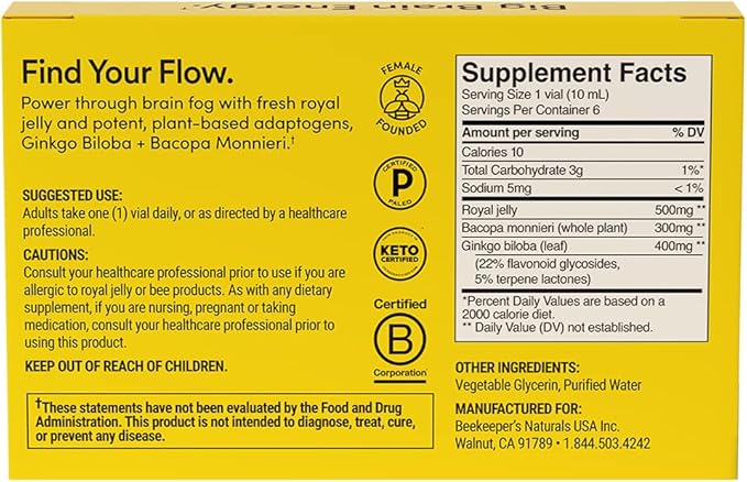 BEEKEEPER'S NATURALS B.LXR Brain Fuel - Memory, Focus and Clarity Liquid Formula, Supports Productivity Royal Jelly, Ginkgo Biloba, Bacopa Monnieri Keto Friendly, Gluten & Caffeine-Free, (6 ct)