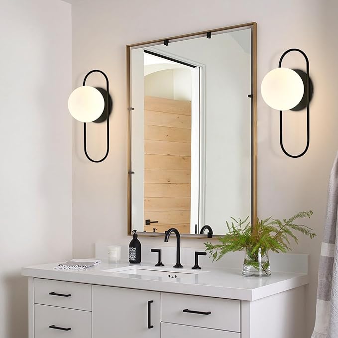 Mid Century Modern Round Wall Sconce 1-Lights Black Globe Wall Sconce Lighting Minimalist Vanity White Glass Bathroom Wall Lamp Farmhouse Bedroom Bar Wall Light