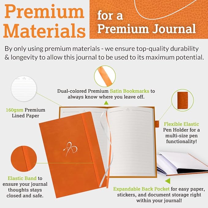 Bright Line Eating Blank Lined Journal Notebook, Vegan Leather Journal w/Lay-Flat Binding, Orange Notebook Journal for Women & Men, Writing Journal, Food Journal, Travel Journal, Fitness Journal