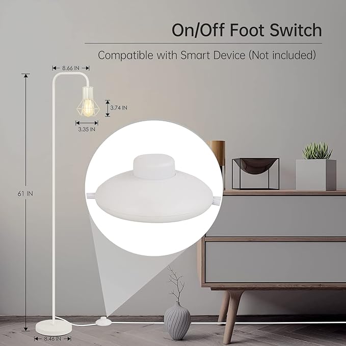 BoostArea White Floor Lamp, Industrial Floor Lamp, 6W Diamond Standing Lamp, E26 Socket, On/Off Footswitch, Whole Metal, Modern Small Simple Stand Up Lamp for Bedroom Living Room, Vintage, Mid Century
