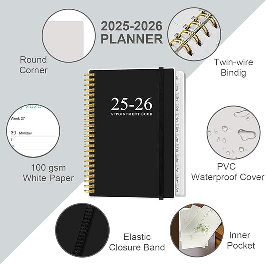 2025-2026 Appointment Book & Planner - Hourly Planner from July 2025 - June 2026, Weekly Appointment Book 2025-2026 with 30-Minute Interval, 6.4" x 8.5", Black