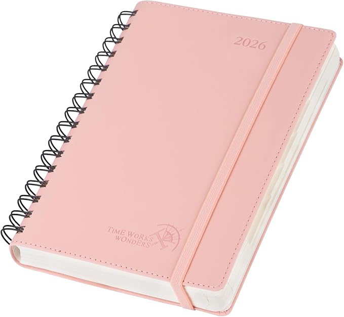 POPRUN 2026 Daily Planner One Page per Day (Medium 6'' x 8.5'') - 12 Months Calendar Appointment Book with Hourly Slots, Inner Pocket, Monthly Tabs, Pen Holder - Soft Pink
