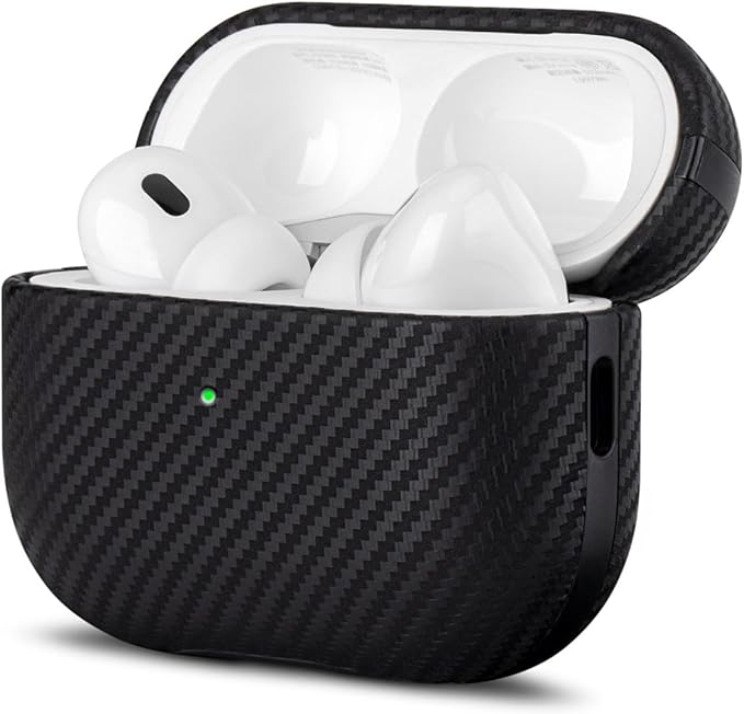 LOPIE Leather Case for AirPods Pro 2nd Generation - Handmade AirPods Pro 2 Case Cover - Made of Real Leather - Protective Hard Shell Cover - Carbon Fiber Style - Wireless Charging Compatible - Black