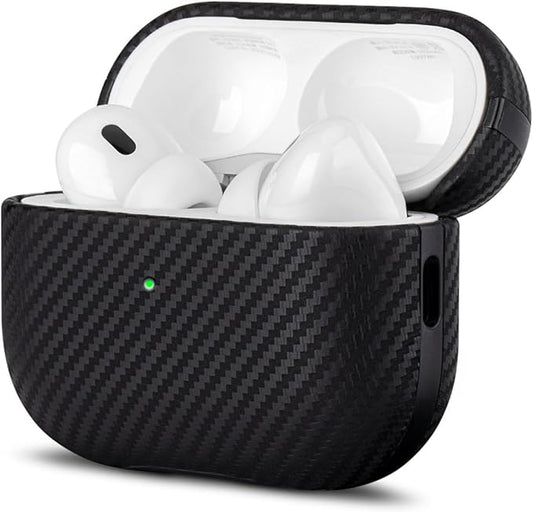 LOPIE Leather Case for AirPods Pro 2nd Generation - Handmade AirPods Pro 2 Case Cover - Made of Real Leather - Protective Hard Shell Cover - Carbon Fiber Style - Wireless Charging Compatible - Black