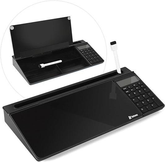 Varhomax Glass Desk Whiteboard Black with Calculator, Desktop Dry Erase White Board with Storage, to Do List Memo Notepad for Home and Office