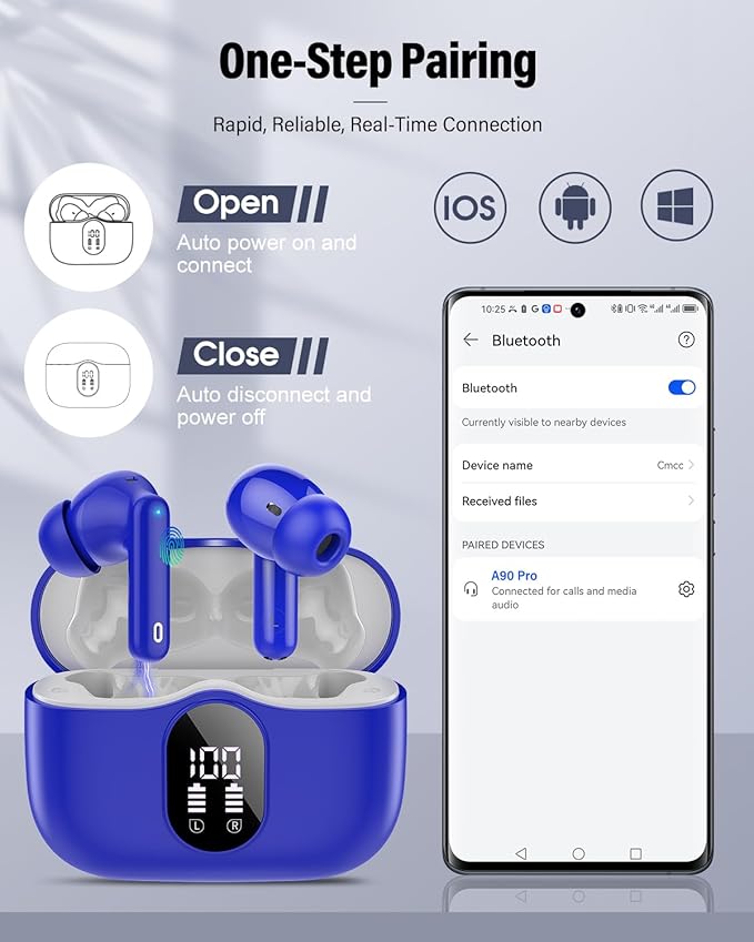 Wireless Earbuds, Bluetooth 5.4 Headphones Bass Stereo, Ear Buds with Noise Cancelling Mic, IP7 Waterproof in Ear Earphones, 36H LED Display Bluetooth Earbuds for Laptop Pad Phones Sports, Blue