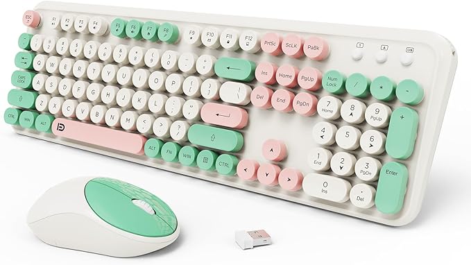 Wireless Keyboards Mouse Combos, Colorful Cute Typewriter Full-Size Retro Round Creamy Keyboard, 2.4GHz Sleep Mode Office Wireless Keyboard and Mouse Set for Desktop Laptop PC Computer