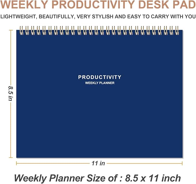 Weekly Productivity Planner - 8.5" x 11" Dashboard Desk Notepad Has 6 Focus Areas to List Tasks for Goals, Projects, Clients, Academic or Meal-Organize Your Daily Work Efficiently, 54 Weeks, Blue