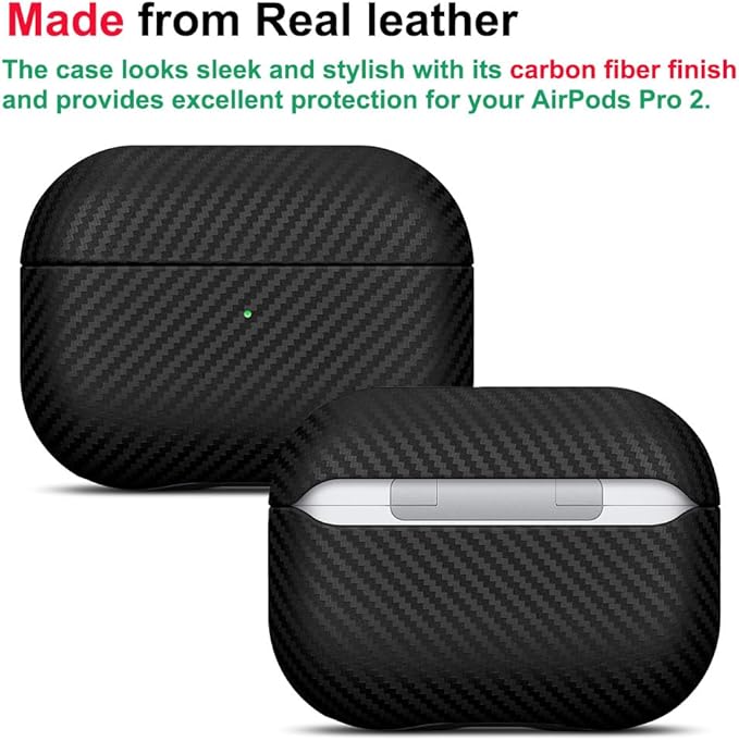 LOPIE Leather Case for AirPods Pro 2nd Generation - Handmade AirPods Pro 2 Case Cover - Made of Real Leather - Protective Hard Shell Cover - Carbon Fiber Style - Wireless Charging Compatible - Black