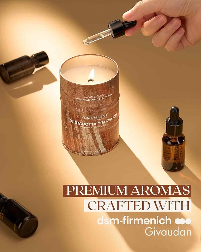 M&SENSE Terracotta Teakwood Scented Candles Natural Non Toxic, Aromatherapy Candle for Stress Relief Meditation Relaxing, Housewarming Gifts for Women Men, 11.3oz 70 Hour Long Burning