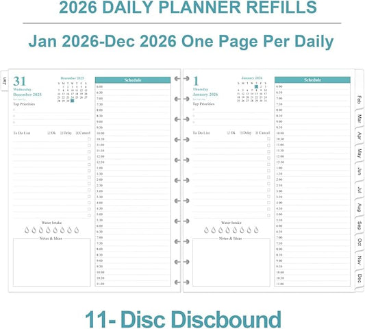 2026 Planner Refills, 11-Disc Discbound One Page Per Day, Daily ＆ Monthly Planner Refill from January 2026 - December 2026, Letter Size, 8.5" x 11"