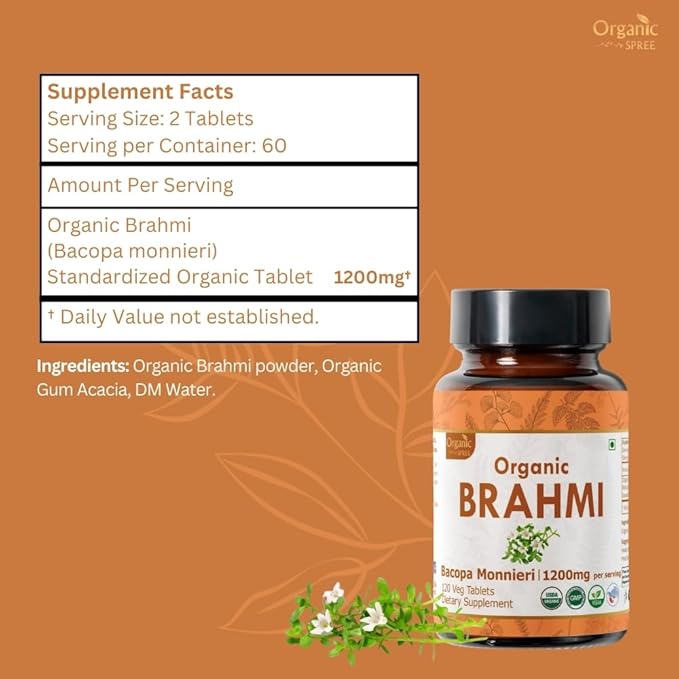 Brahmi 120 Tablets – USDA Organic Bacopa Monnieri Supplement – Supports Focus, Calm & Memory – Herbal Nootropic* - Pack of 2