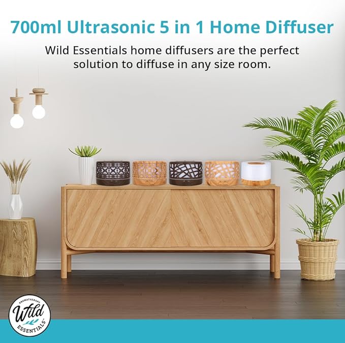 Wild Essentials 700ml Designer Large Room Essential Oil Diffuser, 5 in 1 Ultrasonic Aromatherapy Vaporizer Cool Mist Humidifier, Home, Office, Bedroom, Timer, Auto-Off, 7 Color LED (Light Wood Hearts)