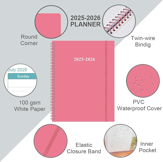 2025-2026 Planner - 17 Months Weekly & Monthly Planner from August 2025 - December 2026, Academic Planner 2025-2026 with Elastic Closure, Inner Pocket, 8.5" x 11", Pink