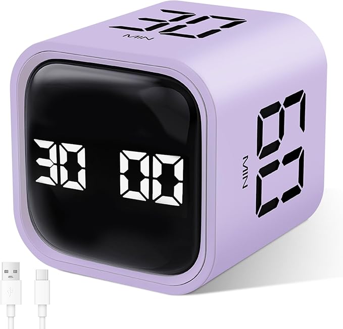 GuDoQi Multi-Function Cube Timer, 5/10/30/60 Min & Custom Count Down, Included Pause & Resume Feature, Silent, Vibrate & Adjustable Sound Alarm for Productivity in Tasks, Study & Kitchen, Purple
