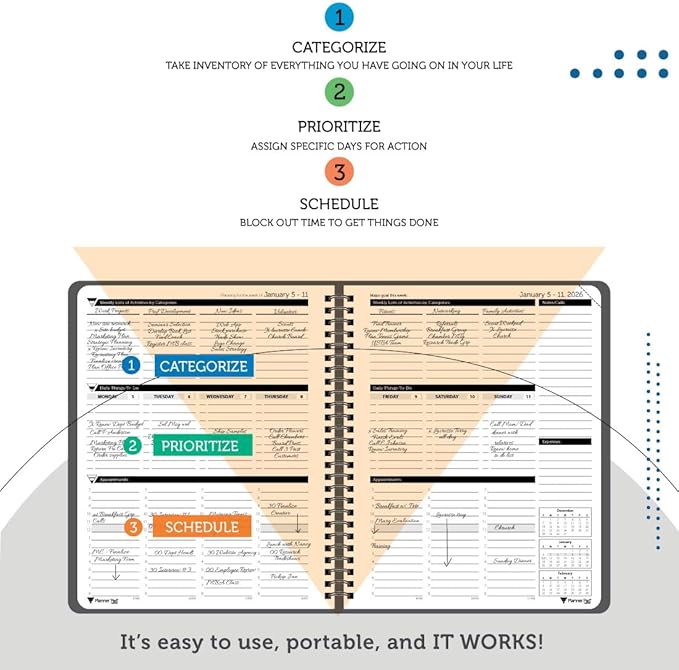 Planner Pad Spiral Bound January-December 2026/ Calendar Year 6 3/4" x 8 1/2" Medium 3-Tier Funnel Down 12 Month Organizer, Black Cover/Black Ink