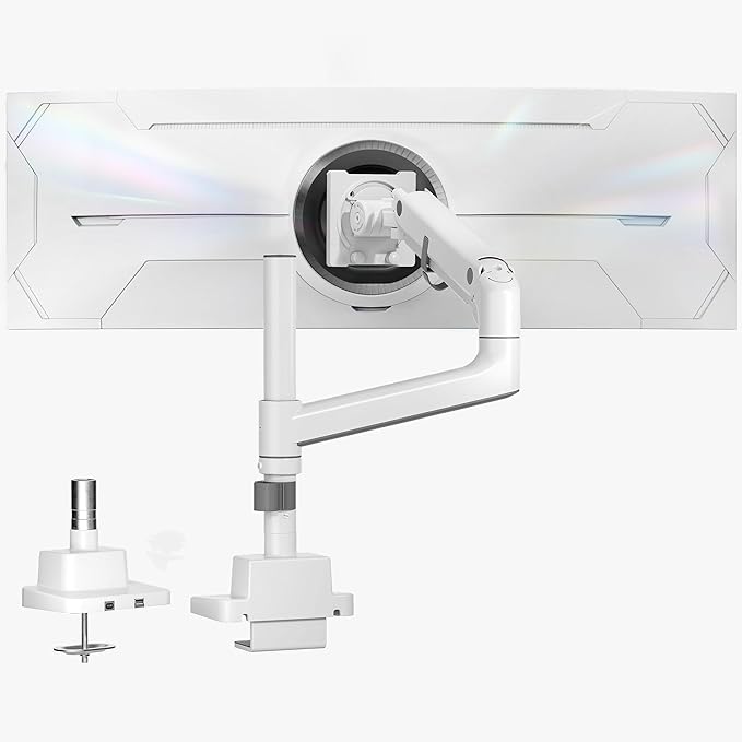 monTEK 17-57 Inch Ultrawide Monitor Arm for Up to 59.4lbs Screens, Aluminum Heavy-Duty Gas Spring Single Curved Screen Adjustable Monitor Stand,75/100mm Vesa Mount, White
