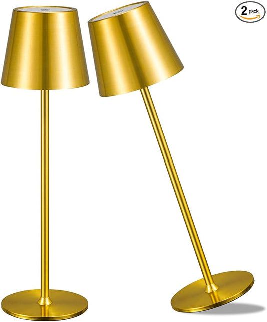 2 Pack Cordless Table Lamp,Portable LED Desk Lamp, 6000mAh Battery Operated, 3 Color Stepless Dimming Up, for Restaurant/Bedroom/Bars/Outdoor Party/Camping/Coffee Shop Night Light(Gold)