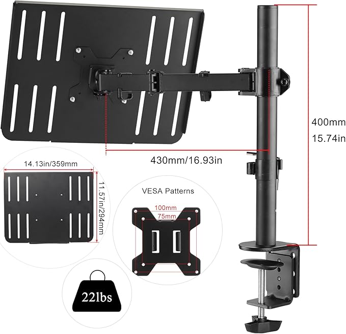 suptek Laptop Notebook Desk Mount Stand, Adjustable Single Monitor Laptop Arm Mount with Ventilated Tray,up to 17 inch,Holds up to 22 lbs