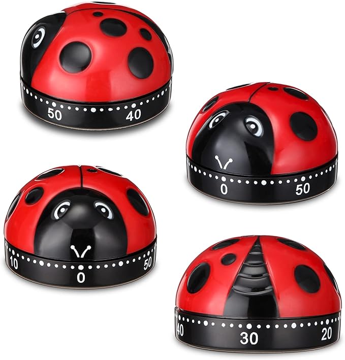 4 Pcs Ladybug Kitchen Timers for Cooking Cute Ladybug Cooking 60 Minute Mechanical Timer Red Black Kitchen Alarm Clock for Kids Reading Do Sports Baking Gifts, No Battery Required