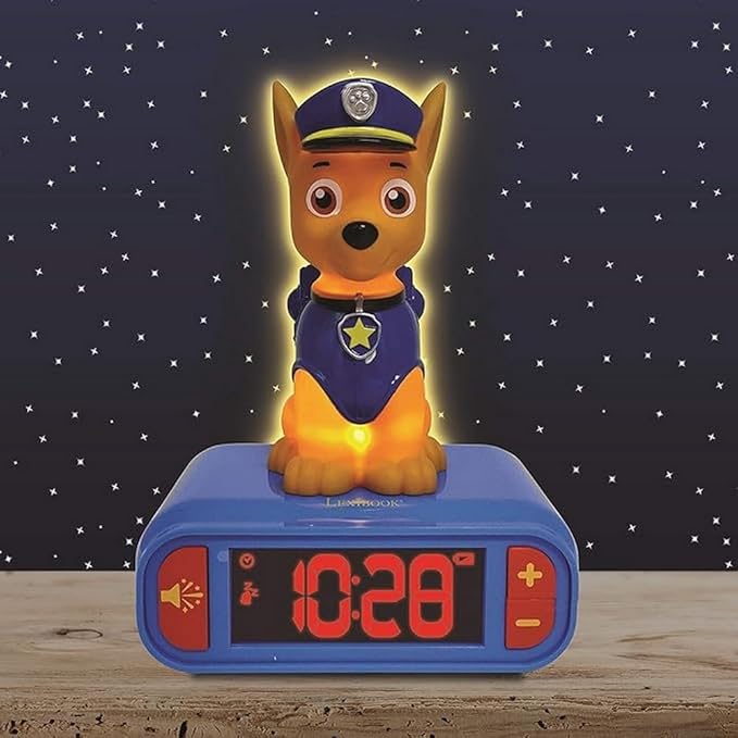 LEXiBOOK - Paw Patrol Chase Digital Alarm Clock with Night Light - Snooze Function - Dog Sound Effects - for Children/Kids - Luminous Clock with Chase, Blue/Red - RL800PA