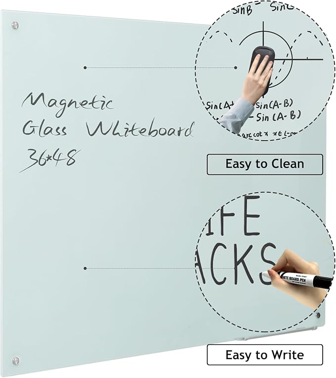 notepad Glass Whiteboard Magnetic Dry Erase Board - White Board 36 x 24''es Wall Mounted Glass Whiteboard, Large Frameless Glass White Board for Wall Office, Home & School,36*24