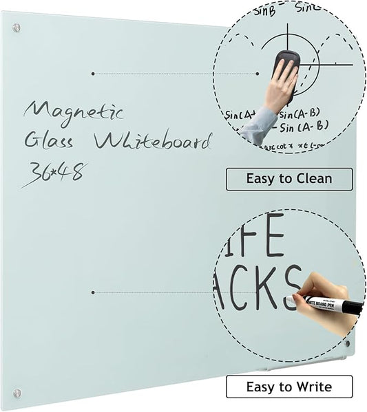 notepad Glass Whiteboard Magnetic Dry Erase Board - White Board 36 x 24''es Wall Mounted Glass Whiteboard, Large Frameless Glass White Board for Wall Office, Home & School,36*24