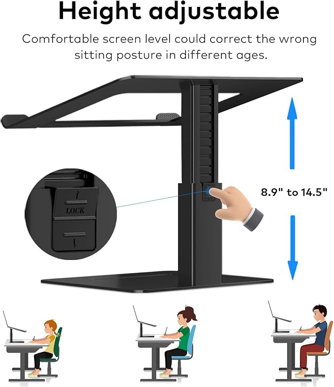 Laptop Stand for Desk, Ergonomic Aluminum Laptop Stand Adjustable Height from 7-15", Sitting and Standing Laptop Riser for 10-17" Notebook (Black)