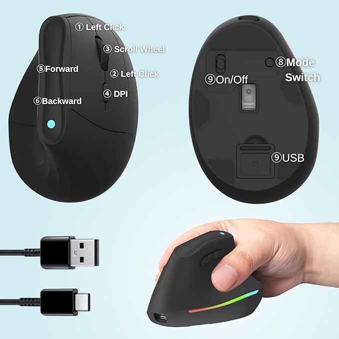 Wireless Ergonomic Vertical Mouse: Rechargeable Computer Mice with 2.4G BT Mode Connect,Carpal Tunnel Mouse for Right Hand,Compatible with Windows MAC OS
