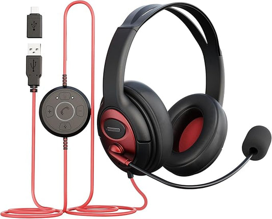 MAIRDI USB Headset with Microphone, Wired PC Headset, USB-A & USB-C Computer Headset with Mic Noise Canceling for Laptop Teams Office Work CallCenter Business Dragon Naturelly Speaking