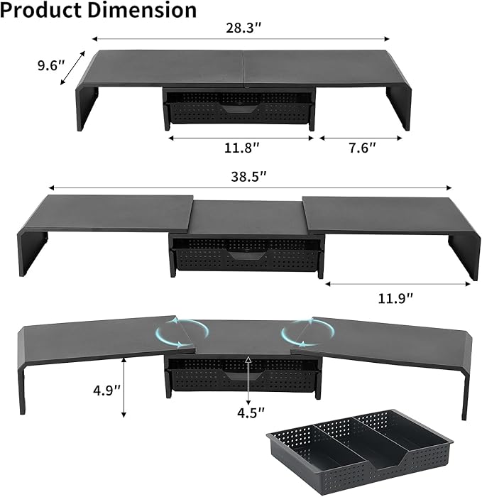 Dual Monitor Stand Riser with Drawer, Desk Organizer and Accessories, Metal Laptop Stand for Desk, Workspace Desktop Stand for Computer, Laptop, TV and More (Black)