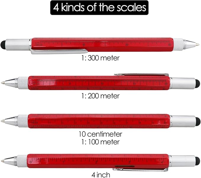 HeTaoCat Gifts Multi Tech Tool - 6 in 1 Stylus Pen with Screwdriver, Ruler, Level Gauge, Ballpoint Pen (Black Ink, Red)