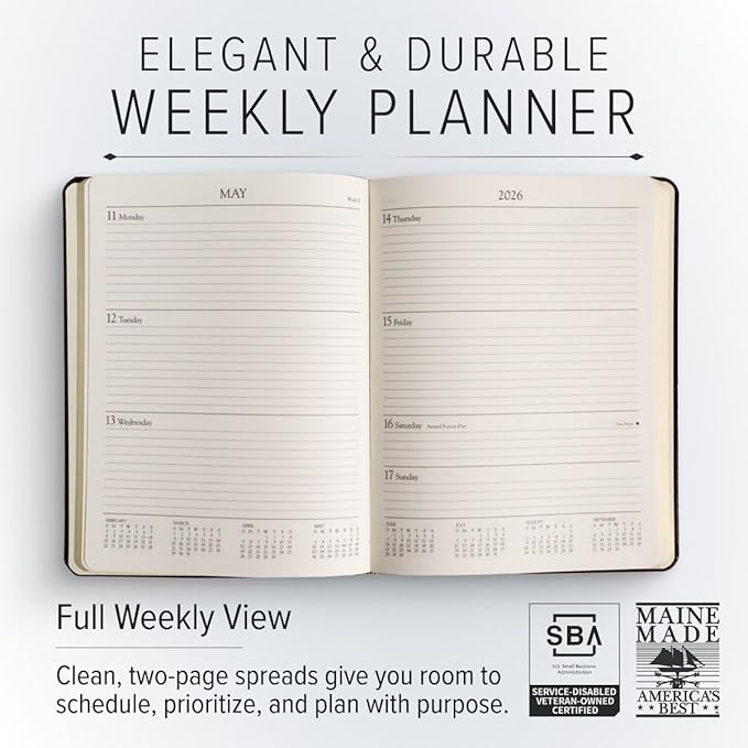 Gallery Leather Large Weekly Monthly Planner 2025-2026, Elegantly Bound Calendar Planner and Notebook with Stylish Gold-Gilded Page Edges, 12 Months - Acadia Malibu - 9.75 x 7.5 "