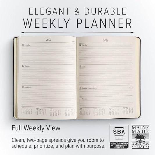 Gallery Leather Large Weekly Monthly Planner 2025-2026, Elegantly Bound Calendar Planner and Notebook with Stylish Gold-Gilded Page Edges, 12 Months - Acadia Malibu - 9.75 x 7.5 "