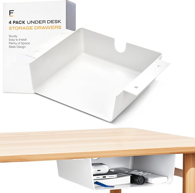 4 Pack Under Desk Hanging Shelf Drawer Organizer, Attachable Plastic Hidden Storage Tray, Easy Adhesive Mount Holder for Standing Tables, Office, Counters, Cabinets, Workstations - White